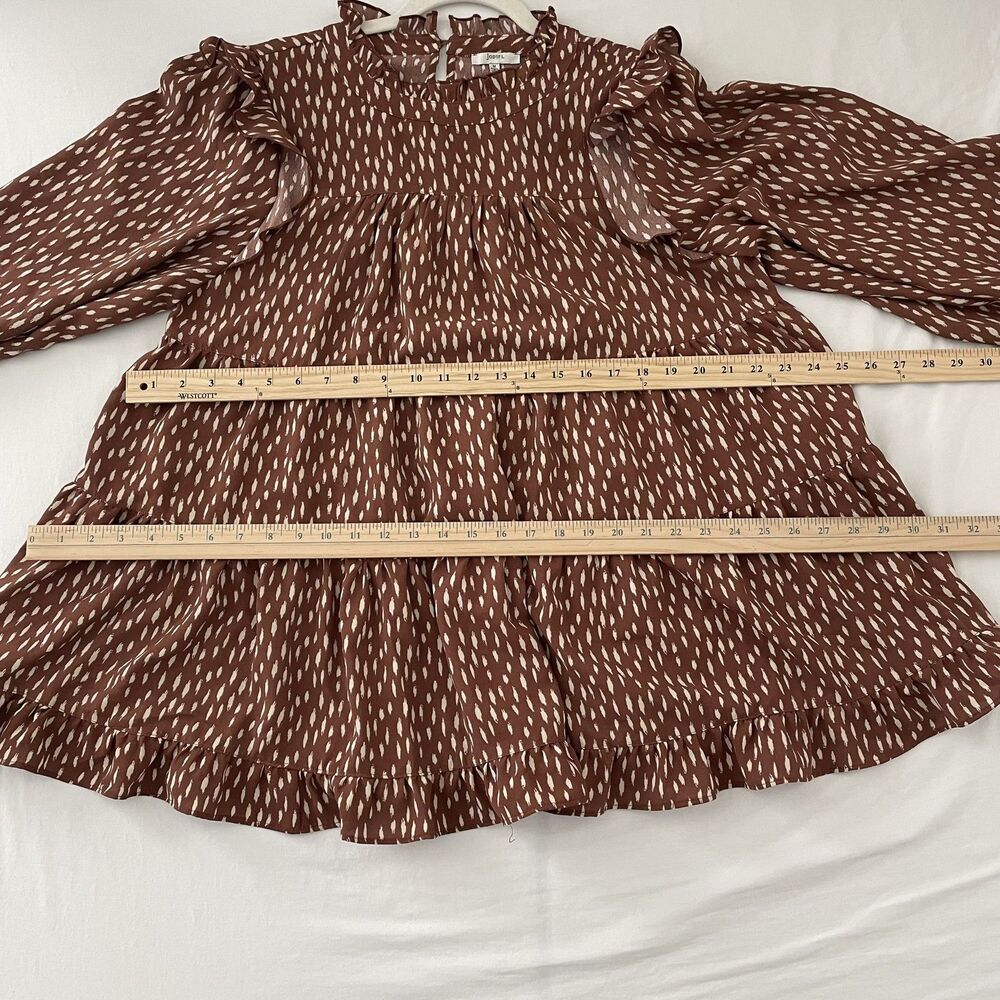 Jodifl Tunic Top Ruffle Neck Long Sleeve Brown Print Woven Women Size M-dp - Picture 7 of 9